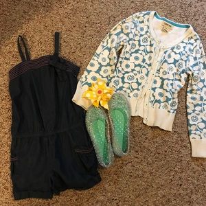 Adorable girls denim jumper, blue floral cardigan